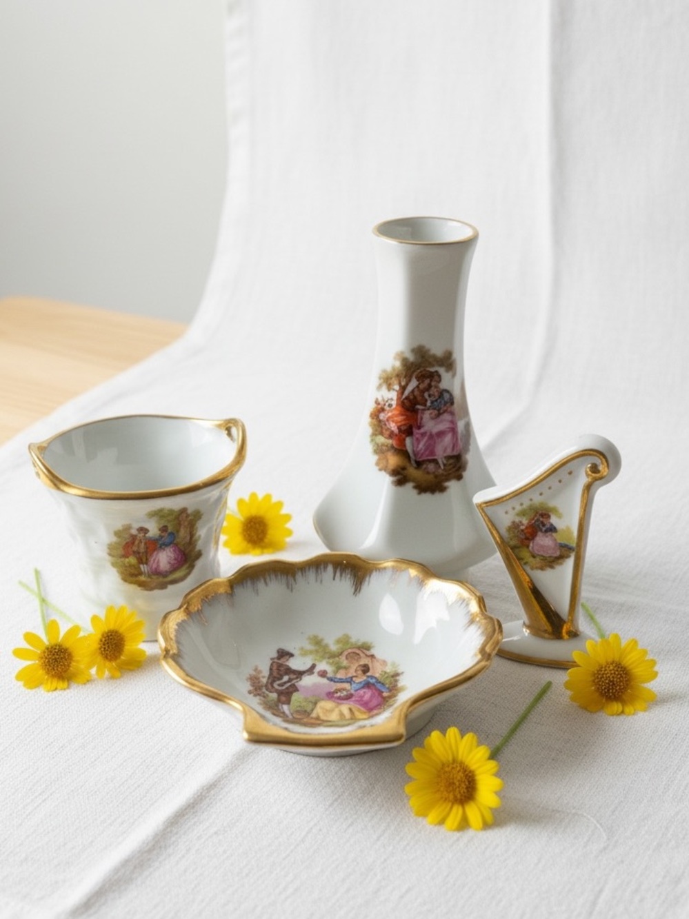 Vintage Limoges France Miniature Lot- Bucket Harp Vase & Cache Dish